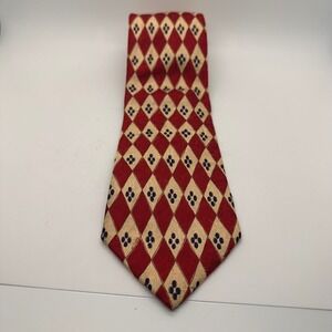 Lands End Mens Silk Tie Red Tan Diamond Pattern Hand Sewn Imported‎ Fabric